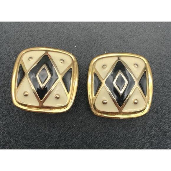 Vintage Premier Design Chunky Large Square Clip On Earrings Black & Cream Enamel - Picture 1 of 4
